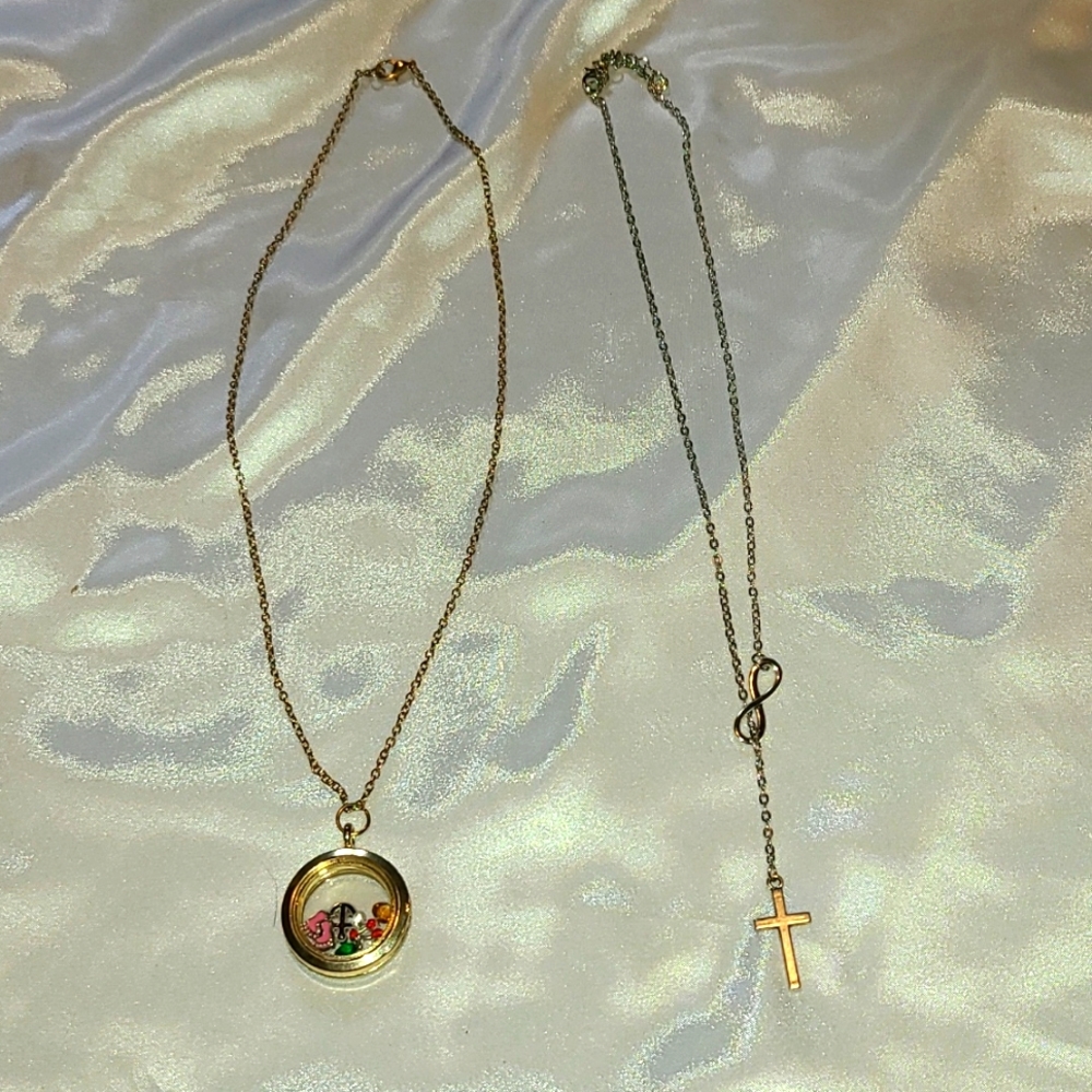 2 necklaces -silver infinity w cross -gold floating locket w charms
